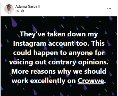 Adamu Garba's Instagram account suspended few days after his app was removed from Google play store